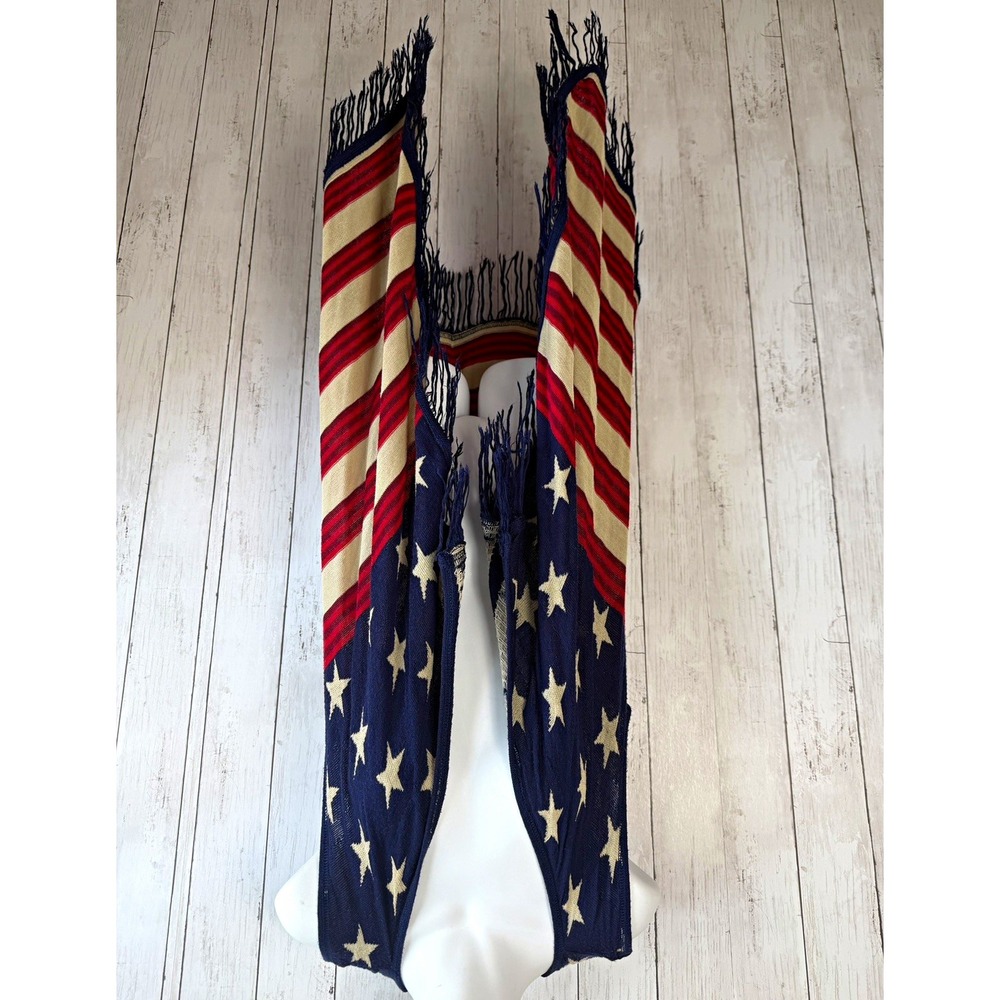 Questions Women's USA Flag Stars Stripes Open Front Fringe Long Vest Size S